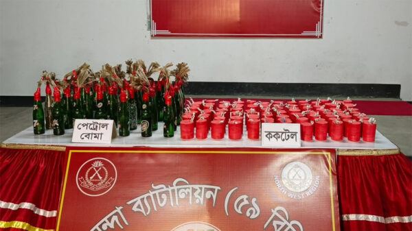 চাঁপাইনবাবগঞ্জের সীমান্ত এলাকা থেকে শতাধিক ককটেল ও পেট্রোল বোমা উদ্ধার করেছে বিজিবি